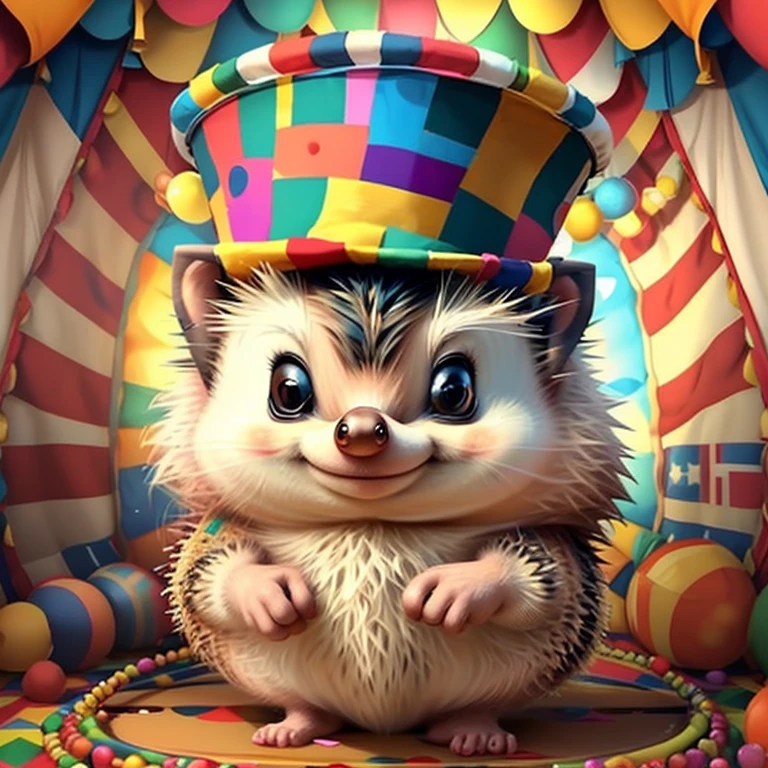 (cute baby hedgehog with top hat in a circus tent),(melhor pose),(best angle), (better expression), Eduardo Kobra acolchoamento ,multidimensional geometric wall PORTRAIT, arte, Chibi,
Yang08k, lindo, Colouring,
Primary works, qualidade superior, melhor qualidade, Arte Oficial, Beautiful and Aesthetic, pelos coloridos,