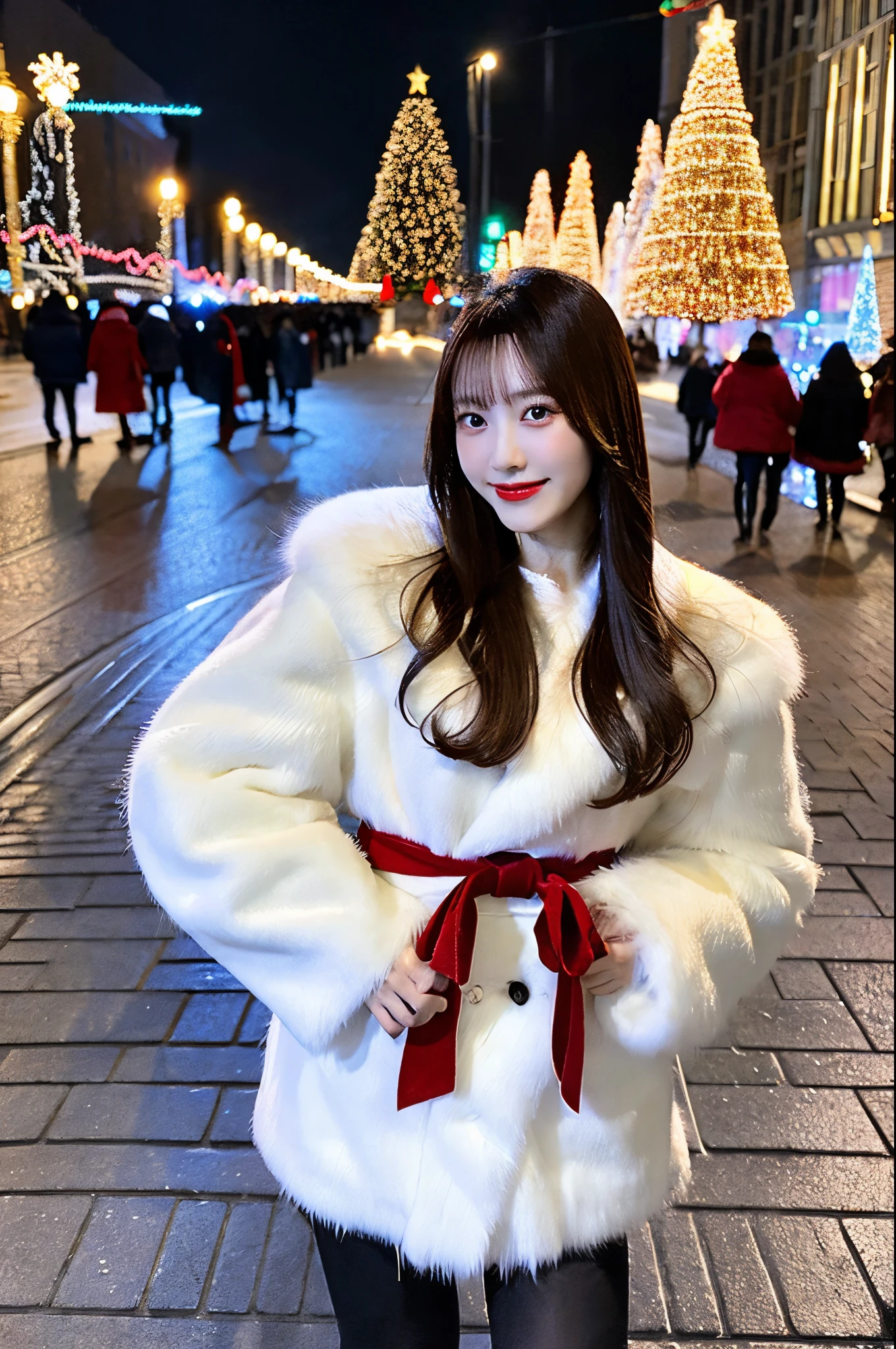 beautiful 20 year old chinese, wearing a white long fur coat standing in the distance in the street of Moscow Russia, full body shot, the busy night life with a beautiful smile while enjoying the Christmas atmosphere, cafe, xmas lightings, cinematic lighting,, HDR, 8K, realistic