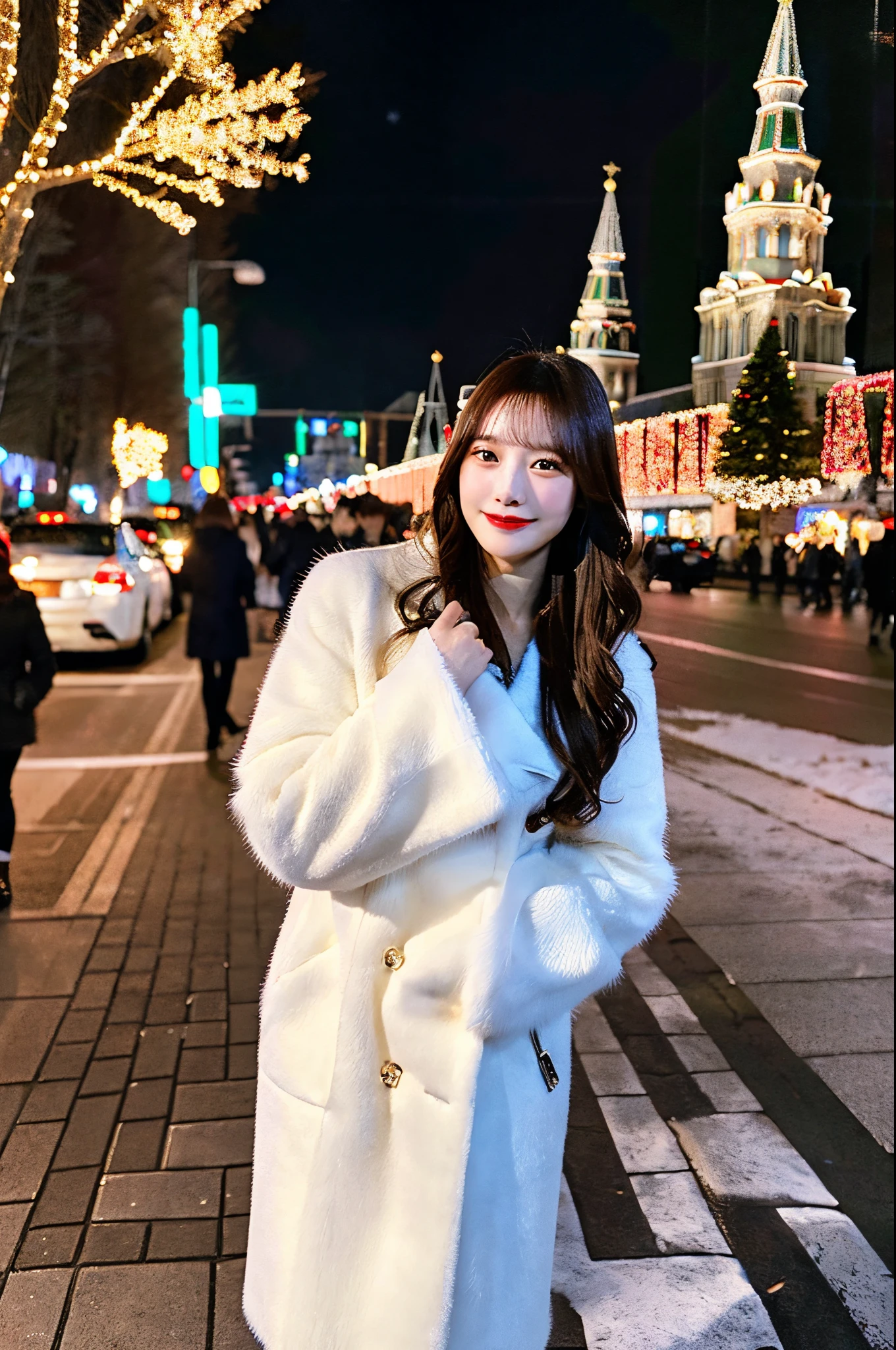 beautiful 20 year old chinese, wearing a white long fur coat standing in the distance in the street of Moscow Russia, full body shot, the busy night life with a beautiful smile while enjoying the Christmas atmosphere, cafe, xmas lightings, cinematic lighting,, HDR, 8K, realistic