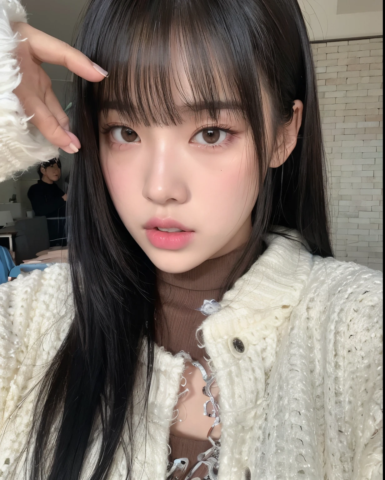 A closeup of a woman with long black hair and a white sweater, Ulzzang, wan adorable korean face, young adorable korean face, Ela tem cabelo preto com franja, menina bonito-fino-cara, Lalisa Manobal, Kim Doyoung, menina coreana, Retrato Jisoo Blackpink, young cute wan asian face, Retrato de Jossi de Blackpink