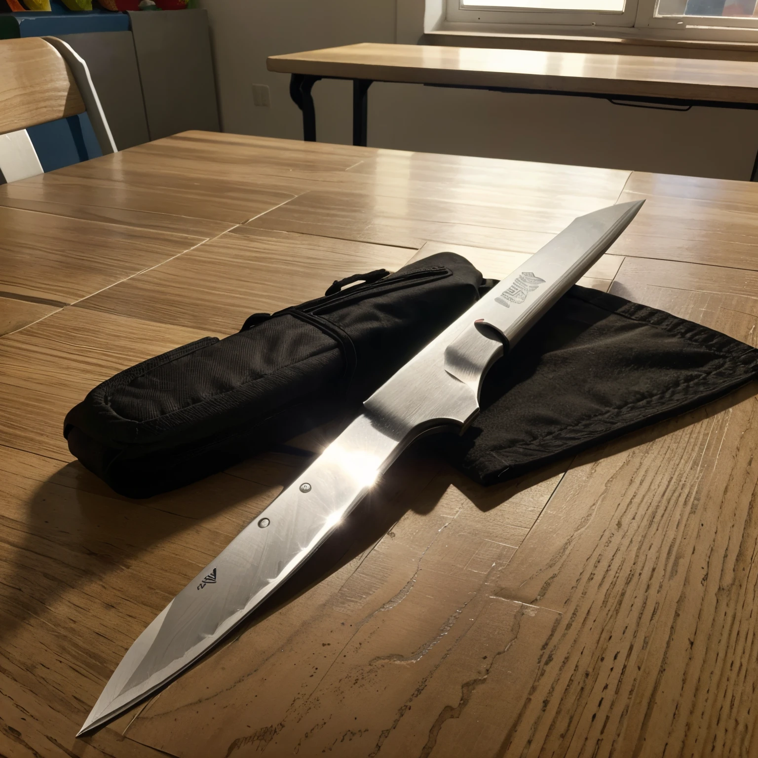 Badly made plastic knife laying on a school table made realistic looks like a school project knife looks plastic and fake bad lighting it looks like a photo a student took