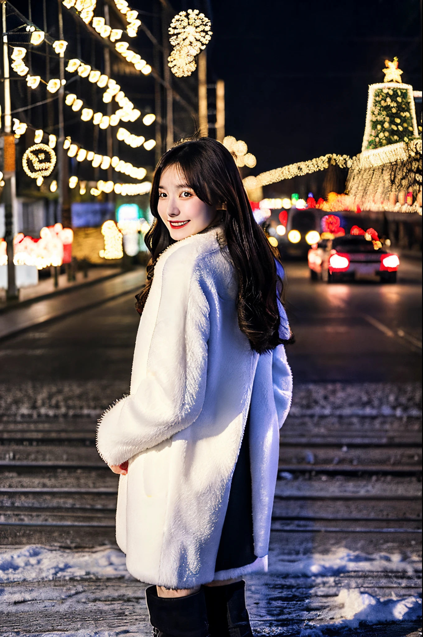 beautiful 20 year old chinese, wearing a white/black long coat standing in the distance in the cold, snowy, street of Moscow Russia, full body shot, the busy night life with a beautiful smile while enjoying the Christmas atmosphere, cafe, xmas lightings, cinematic lighting,, HDR, 8K, realistic