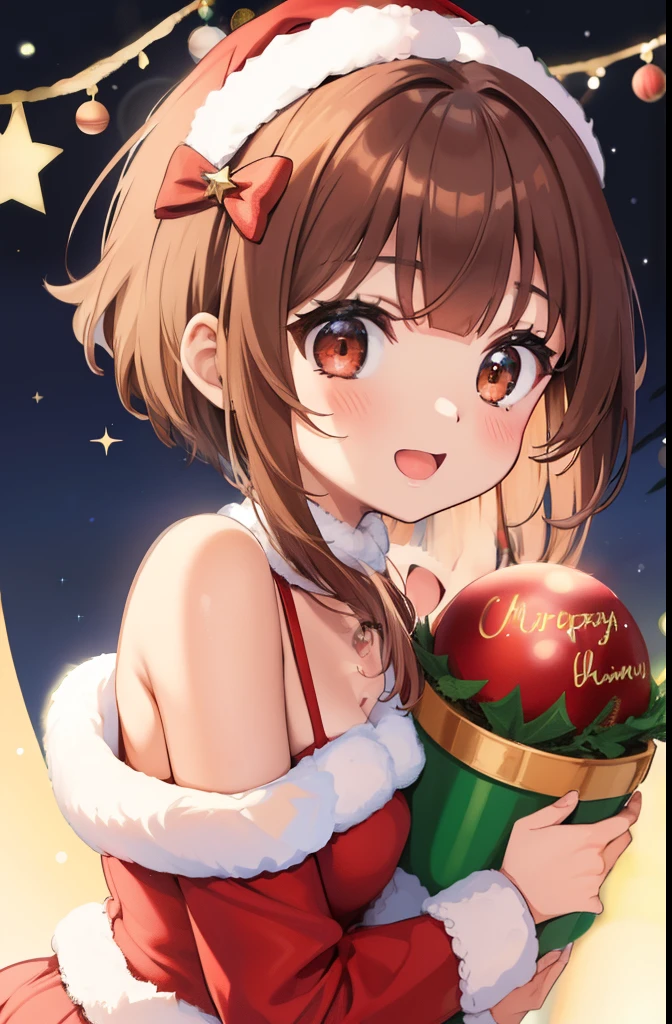 Megumim com roupas de Natal、uma lua、Estrelas, short hair, brown hair, olhos vermelhos, Christmas tree, Birthday, happy birthday, bolo, no quarto.