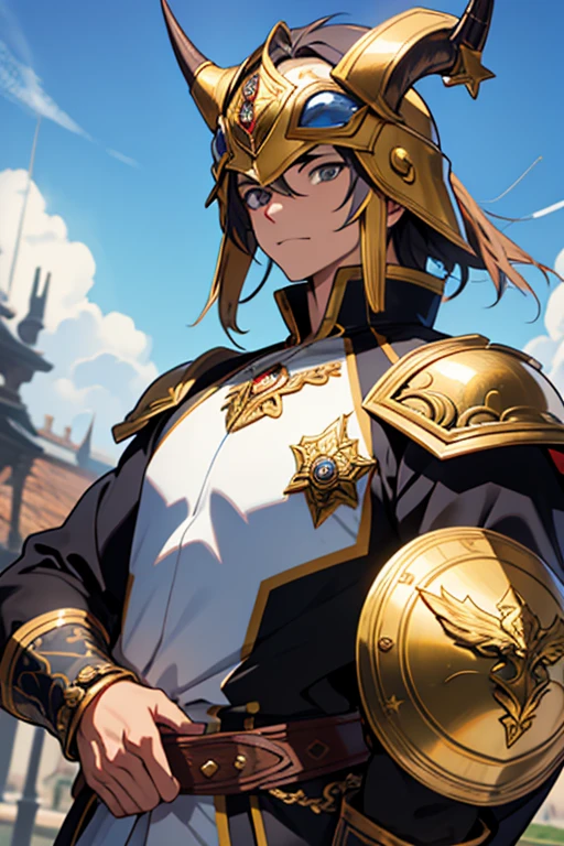 eu gostaria de uma arte anime de uma armadura com placas azuis, golden inlays on the edges and an ornate helmet with three rows of small horn-shaped protuberances