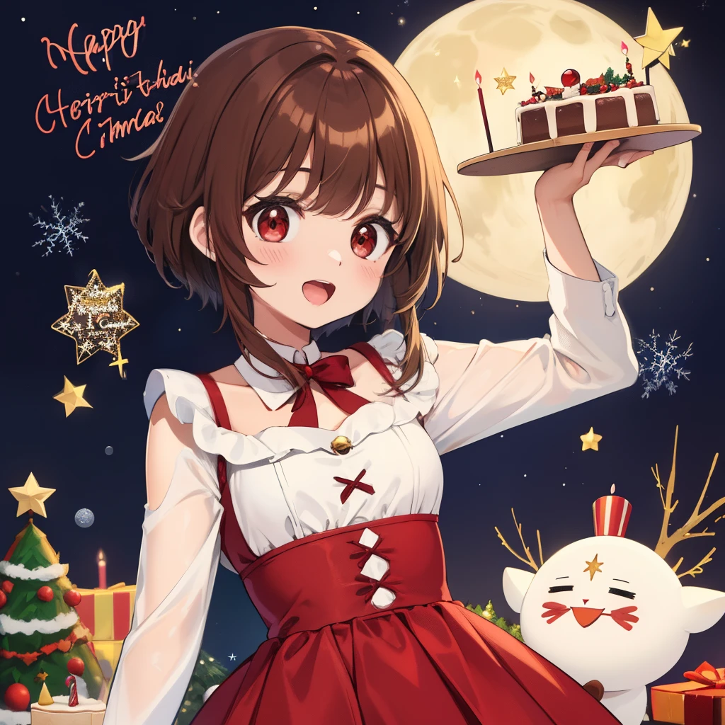 Megumim com roupas de Natal、uma lua、estrelas, short hair, brown hair, red eyes, Christmas tree, Birthday, happy birthday, holding birthday cake, no quarto.