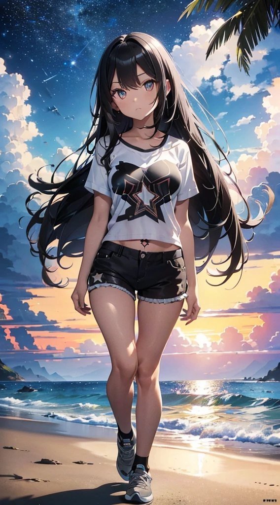 ((Stunning Full body shot)), extremely detailed illustration of a gorgeous Caucasian woman, (((Stylish_Black_Hair:1.35))),(((bright_silver_eyes:1.3))),intricate eyes,beautiful detailed eyes,symmetrical eyes,big eyes:1.5, (((Stars Tattooed Up And Down Her Right Leg))), wearing A Futuristic Short Dark Multicolored Galaxy Print T-Shirt, Tight Summer Shorts And Stylish Sneakers With No Socks On Her Feet, Dynamic Pose:1.0, Posing On The Beach, stylish, backlit, highly illuminated, Multicolored, visually rich, manga, whimsical, enchanting, emotionally evocative, detailed environment, fantastical, imaginative, visually rich, (Best Quality), (Highres Detail), atmospheric, 8k Resolution, UHD, DOF, Fujifilm X3.