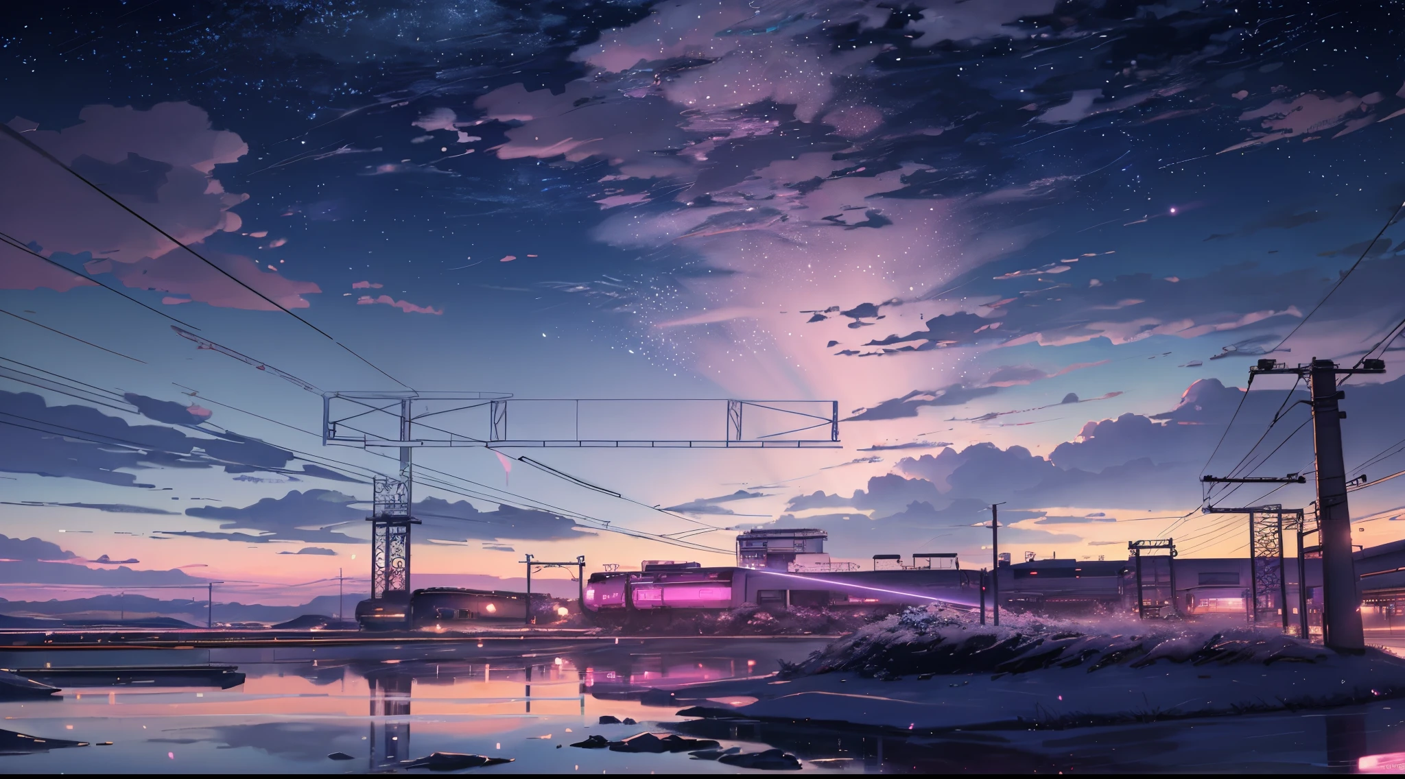 anime scene of a train passing under a pink and purple sky, an anime drawing by Makoto Shinkai, trending on pixiv, magical realism, beautiful anime scene, cosmic skies. by makoto shinkai, ( ( makoto shinkai ) ), by makoto shinkai, anime background art, style of makoto shinkai