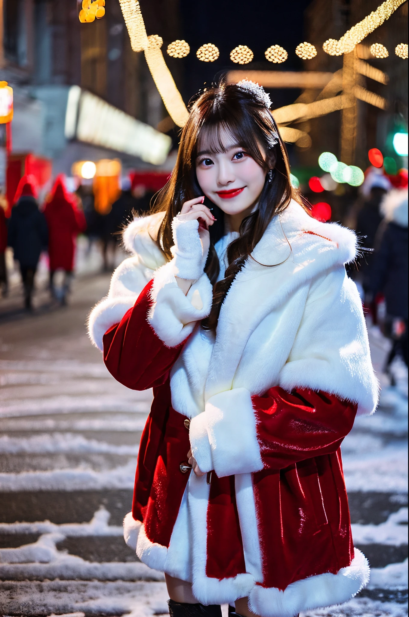 beautiful 20 year old chinese, wearing a white/red long fur coat standing in the in the cold, snowy street of Moscow Russia, full body shot, the busy night life with a beautiful smile while enjoying the Christmas atmosphere, cafe, xmas lightings, cinematic lighting,, HDR, 8K, realistic