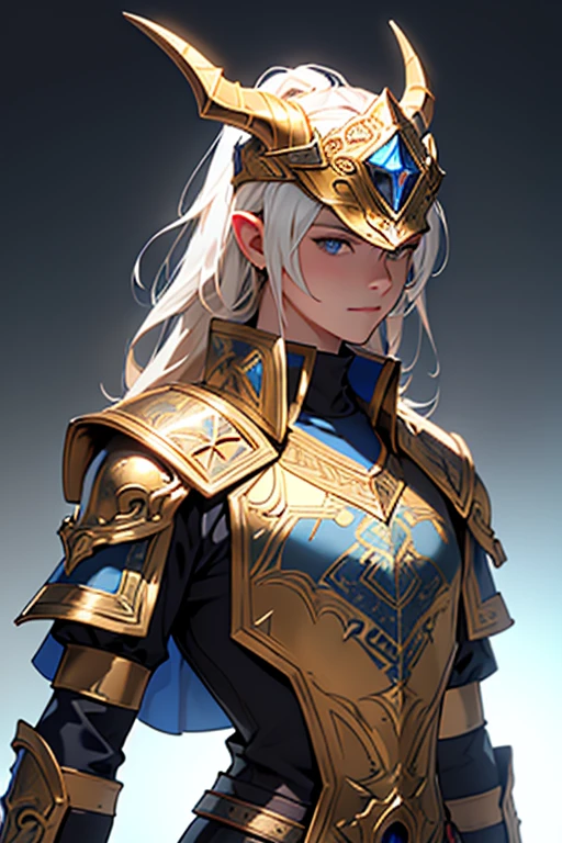 (high quality, detailed image:1.2), ultra-detailed, realistic:1.37, armor with blue plates, golden inlays on the edges, and an ornate helmet with three rows of small horn-shaped protrusions, vivid colors, studio lighting
