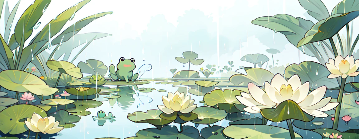 master piece, best quality, ultra detailed, fine details, extremely detailed, cute, extremely cute, Studio Ghibli, (PastelColors: 1.3), swamp background, small blue lagoon with plants around, water lily, lotus, (rain: 1.3), cute and detailed frogs, glow, focus on the pond, pond in the center of the image