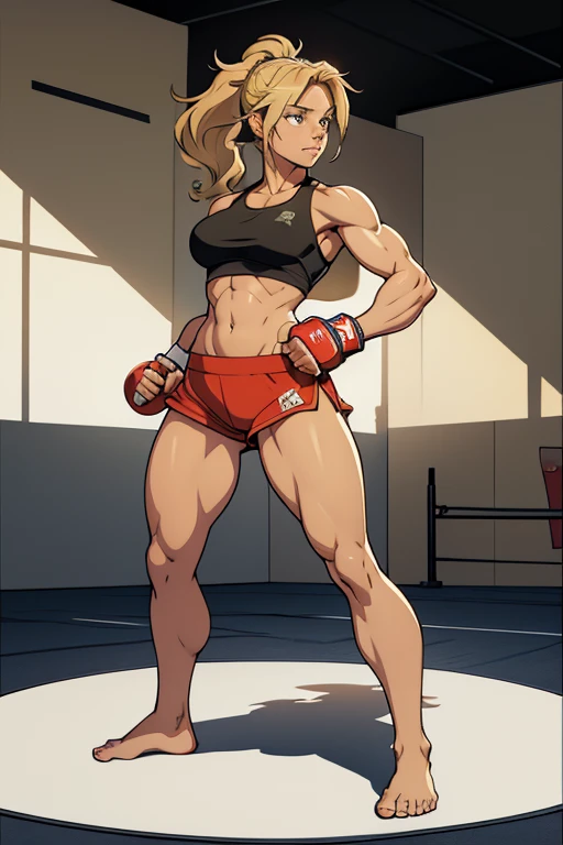 A beautiful strong visibly barefoot woman, with wavy blonde hair in a ponytail, wearing short and a croptop, with hands in armwrapps raised in a boxing stance, standing on a mat, looking confident.