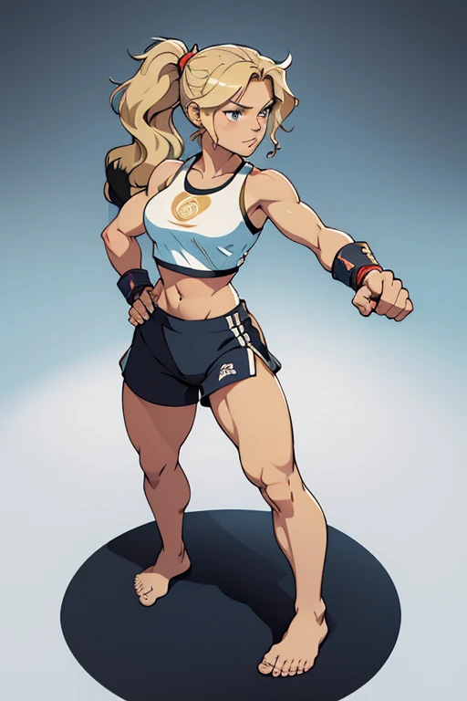 A beautiful strong visibly barefoot woman, with wavy blonde hair in a ponytail, wearing short and a croptop, with hands in armwrapps raised in a boxing stance, standing on a mat, looking confident.