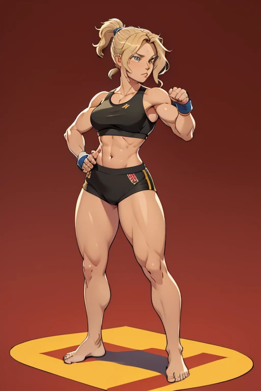 A beautiful strong visibly barefoot woman, with wavy blonde hair in a ponytail, wearing short and a croptop, with hands in armwrapps raised in a boxing stance, standing on a mat, looking confident.
