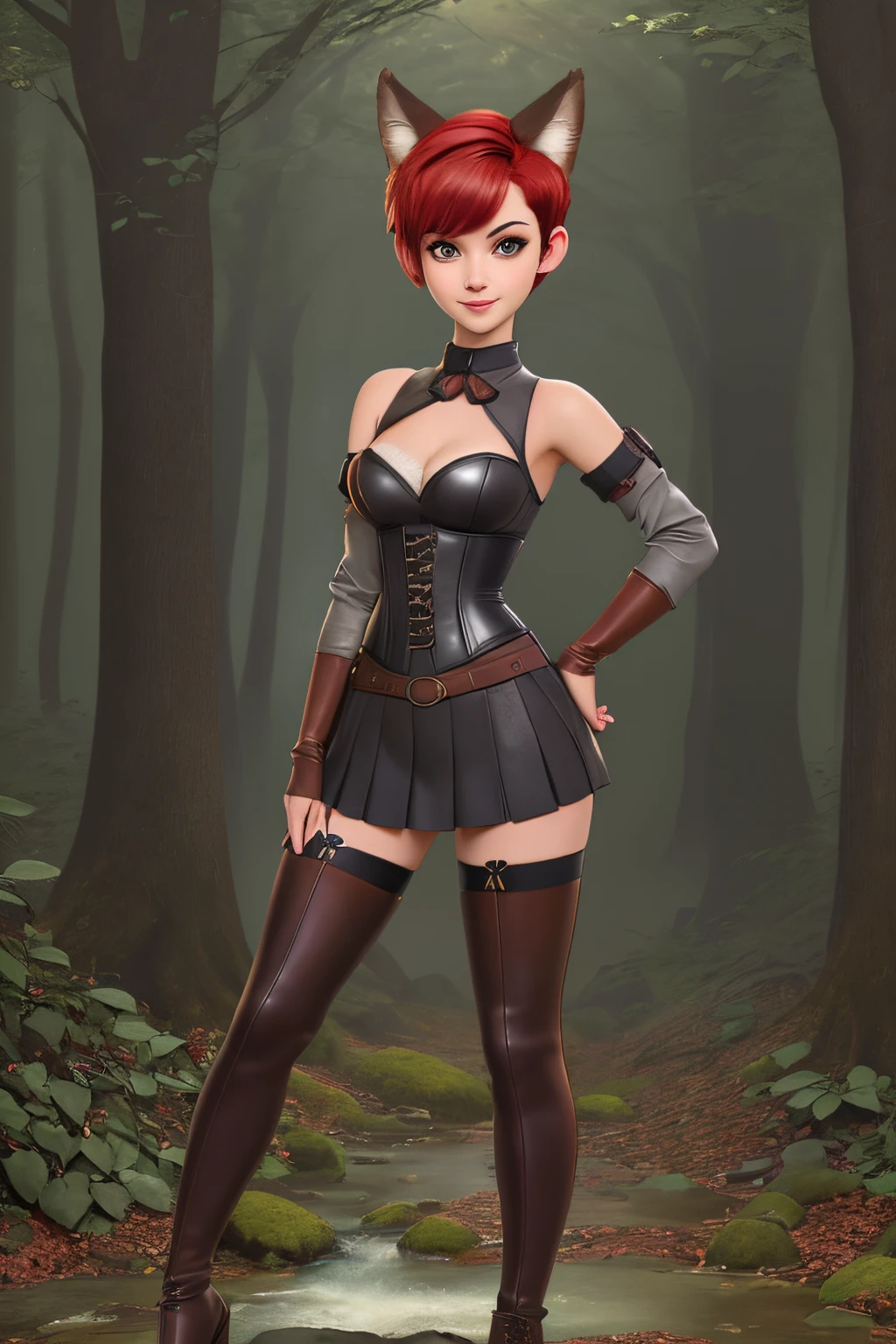 Beautiful 1girl in, full body, ager, Solo, (short pixie cut Hair, undercut red hair: 1.28), ((light gray eyes)), some small freckles, (dark fox ears: 1.35), pale skin, medium breasts, cleavage, (thin hips, thin waist: 1.25), (arched back:1.12), detailed skin, shy smile, (revealing clothes, brown leather, cropped corset, skirt, thigh high boots, buckles, straps, pouches, green fabric, brown leather: 1.1), (groping chest: 1.24), (bending over: 1.21), (detailed magical forest background:1.1), creek, overlooking opening in forest, relaxing, 4k textures, soft light, elegant, highly detailed, sharp focus, soothing tones, insane details, intricate details, hyperdetailed, high contrast, hdr