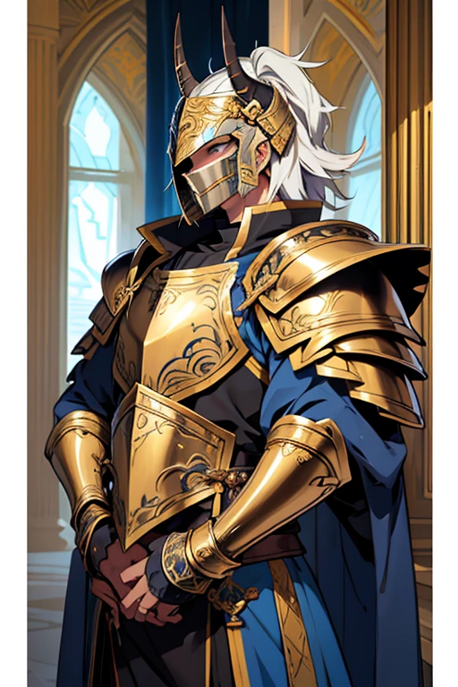 (highest quality,ultra-detailed),anime art,blue plate armor,ornate helmet with three rows of small horn-shaped protrusions,golden inlays on the edges