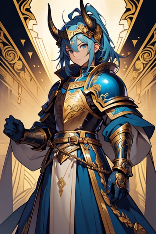 (highest quality,ultra-detailed),anime art,blue plate armor,ornate helmet with three rows of small horn-shaped protrusions,golden inlays on the edges