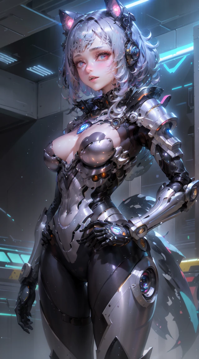 uma mecha,metallic and futuristic,com luzes neon refletidas em sua armadura brilhante.Detalhes inspirados em anime,como olhos grandes e expressivos e cabelos espetados.Your face is made up of complex machines and advanced technology,improving your robotic appearance.She stands tall,com uma pose confiante e poderosa,ready for action.The mecha girl is surrounded by a post-apocalyptic cityscape,with imposing skyscrapers and flying vehicles.Additional details include smoke and sparks emitted by its thrusters,creating a dynamic and energetic atmosphere.The overall image quality is of the highest standard,with ultra-detailed rendering and vivid colors.HDR lighting highlights metallic surfaces and creates dramatic contrasts.