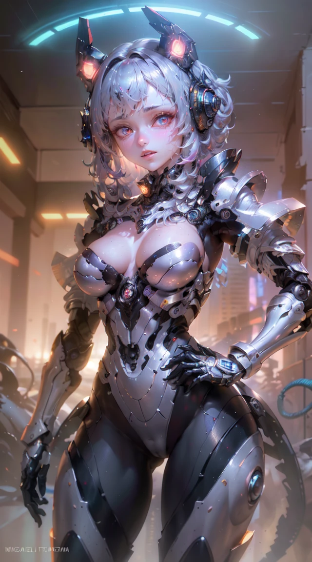 uma menina mecha,metallic and futuristic,com luzes neon refletidas em sua armadura brilhante.Detalhes inspirados em anime,como olhos grandes e expressivos e cabelos espetados.Your face is made up of complex machines and advanced technology,improving your robotic appearance.She stands tall,com uma pose confiante e poderosa,ready for action.The mecha girl is surrounded by a post-apocalyptic cityscape,with imposing skyscrapers and flying vehicles.Additional details include smoke and sparks emitted by its thrusters,creating a dynamic and energetic atmosphere.The overall image quality is of the highest standard,with ultra-detailed rendering and vivid colors.HDR lighting highlights metallic surfaces and creates dramatic contrasts.