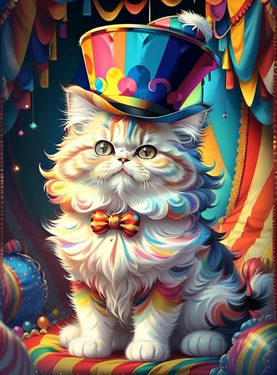 (cute baby persian cat with top hat in a circus tent),(melhor pose),(best angle), (better expression), Eduardo Kobra acolchoamento ,multidimensional geometric wall PORTRAIT, arte, Chibi,
Yang08k, lindo, Colouring,
Primary works, qualidade superior, melhor qualidade, Arte Oficial, Beautiful and Aesthetic, pelos coloridos,