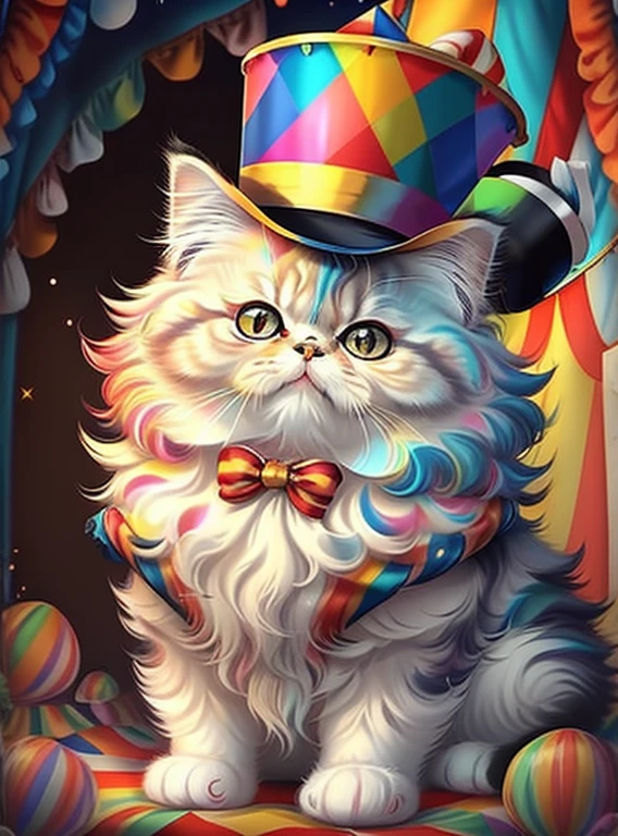 (cute baby persian cat with top hat in a circus tent),(melhor pose),(best angle), (better expression), Eduardo Kobra acolchoamento ,multidimensional geometric wall PORTRAIT, arte, Chibi,
Yang08k, lindo, Colouring,
Primary works, qualidade superior, melhor qualidade, Arte Oficial, Beautiful and Aesthetic, pelos coloridos,