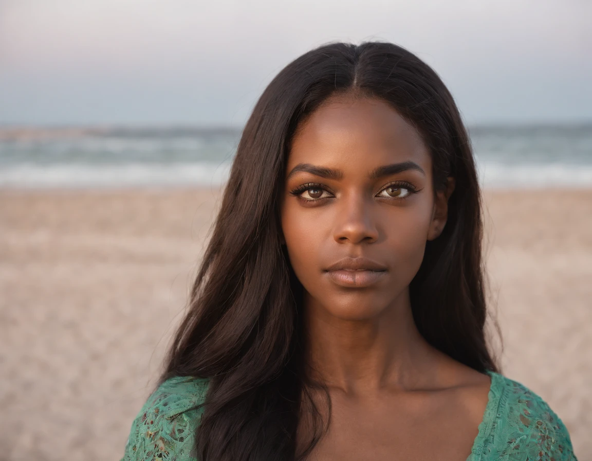 (((Black woman))), green eyes, long dark hair, young, on the beach