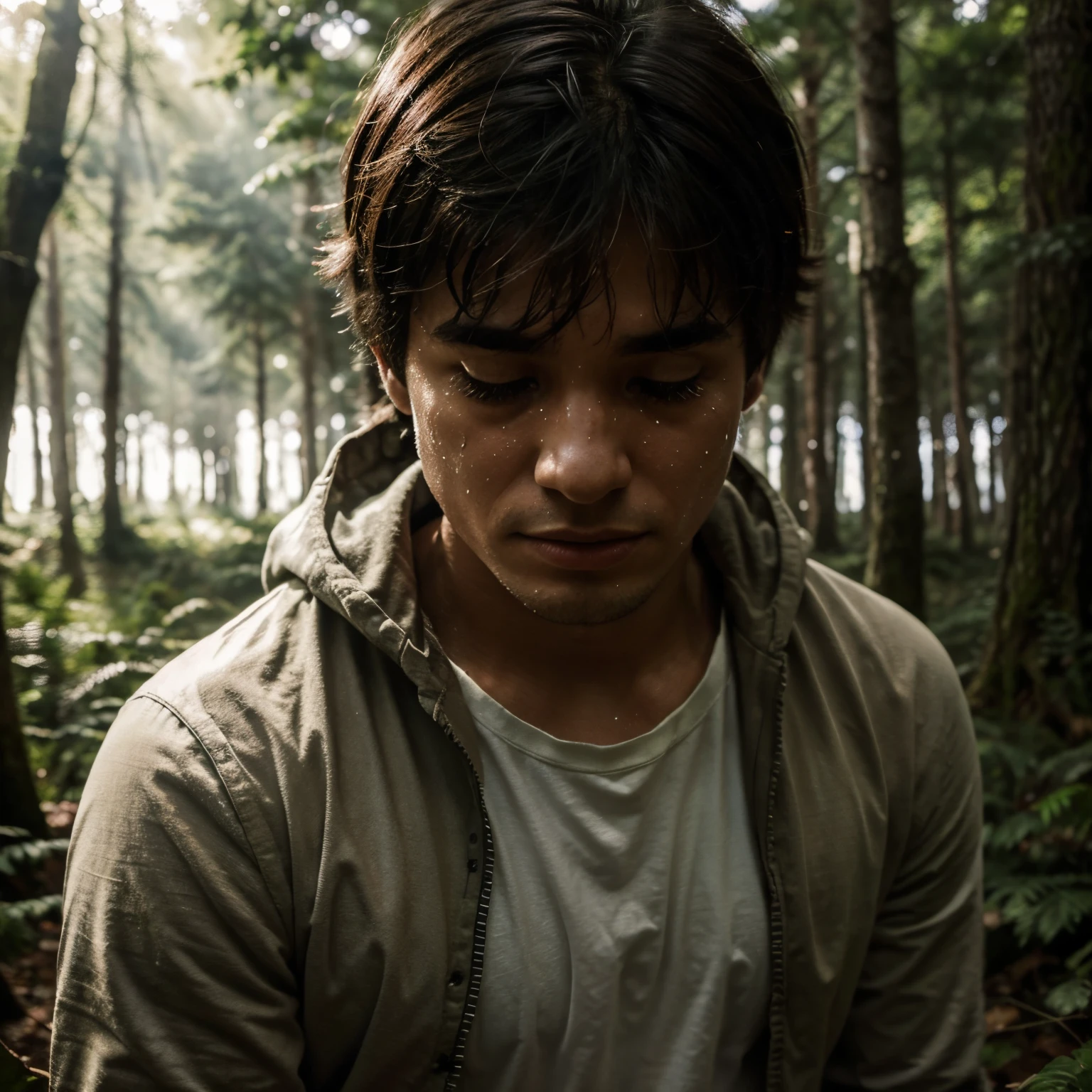 In the quiet solitude of the forest, um jovem peregrino se encontra, tears streaming down your face as you face the unknown challenges of the journey, in search of understanding and redemption. The light filtered through the trees highlights his melancholic expression, criando uma cena poderosa e reflexiva.