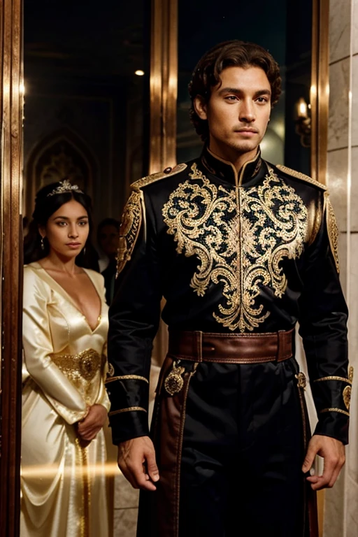 5 EXAMPLES OF THE CORONATION OF THE KING OF BRAZIL, ELE ESTA COM ROUPAS PRETAS RELUSENTES, TEM DETALHES EM METAL PRATA, TEM UM EMBLEMA DA CASA TARGARYEN, His eyes are brown, sua pele morena clara, Her hair is curly and brown, HE IS SHOWING ALL THE DETAILS OF HIS MAGNIFICENCE