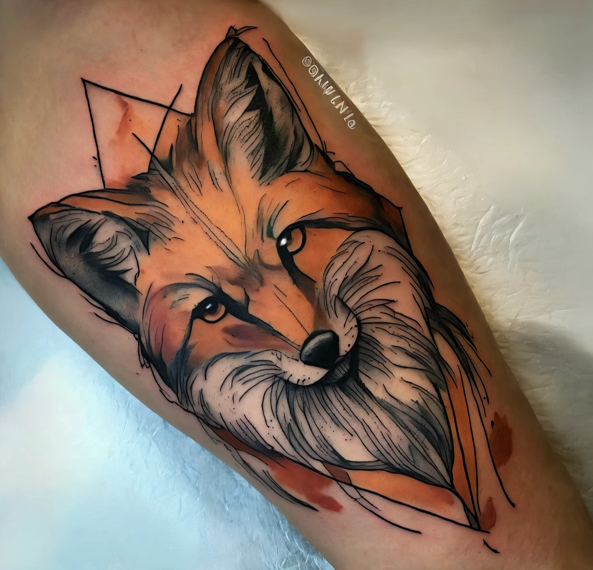 a close-up of a fox tattoo on the arm, uma tatuagem de uma raposa, animal raposa, stylised fox - like appearance, Directed by: Adam St. Pedro, raposa bonito, detailed and sharp, Directed by: lotz karoly, extremamente detalhado, ✏️🎨, sketch tattoo, Directed by: Nathan Oliveira, anthropomorphic fox