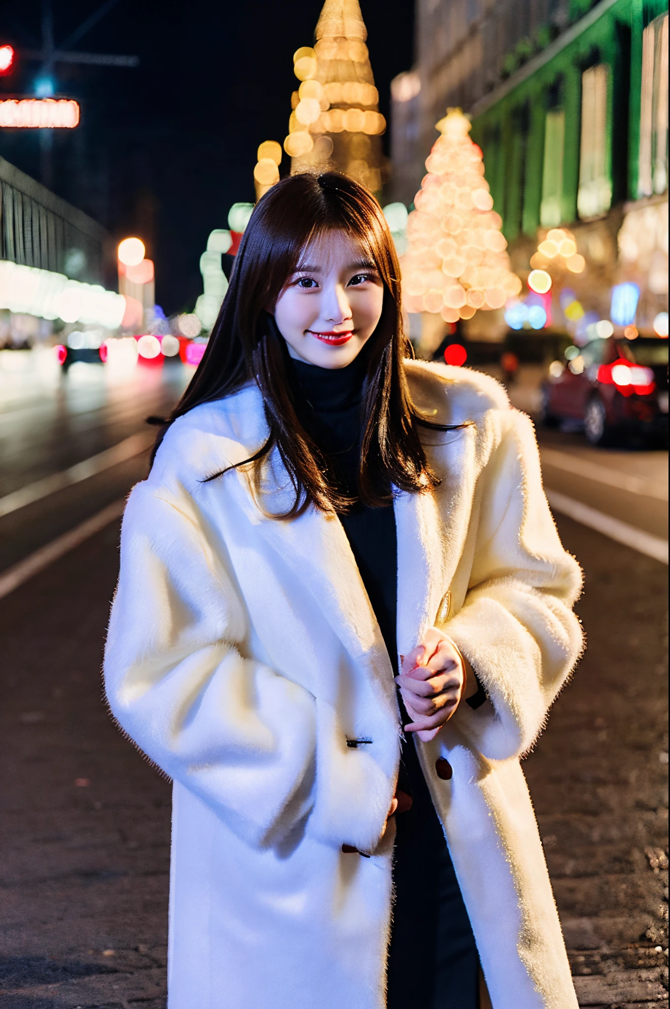 beautiful 20 year old chinese, wearing a white/black long coat standing in the distance in the street of Moscow Russia, full body shot, the busy night life with a beautiful smile while enjoying the Christmas atmosphere, cafe, xmas lightings, cinematic lighting,, HDR, 8K, realistic