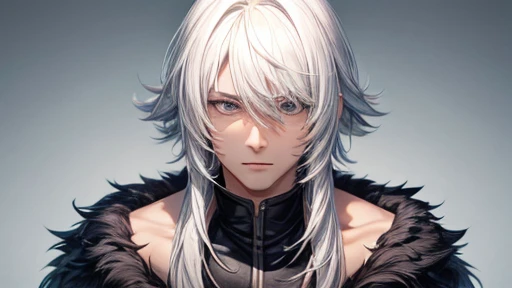 face of male character with medium-length white hair