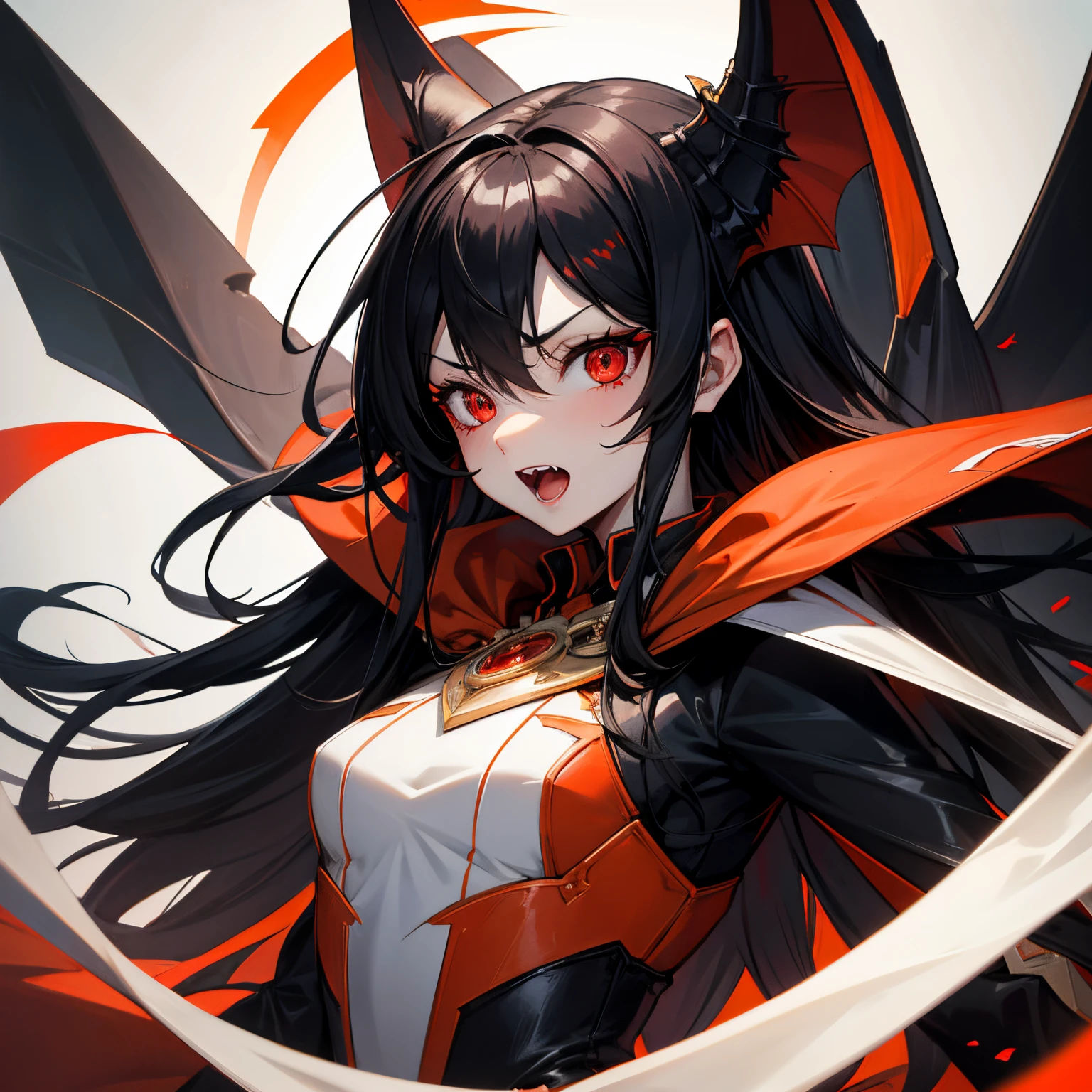 Vampire waifu,cute,orange or white cloth,flat,red eyes,forest, girl,ultra hd,masterpiece,2k,4k, black hair,Open mouth, vampire teeth, sly eyes,sly mounth,