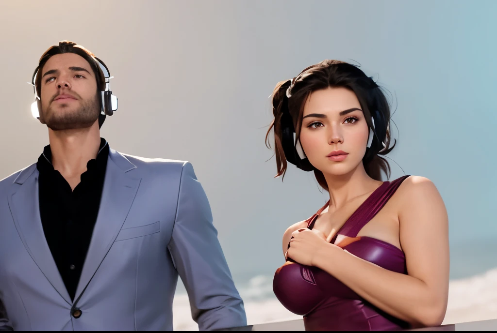 (ultra-realistic), (Realistic), (HD), (8K), (RTX Rendering), (Unreal Engine 5 Graphics), (Natural Face), Beautiful Russian Girl, cute, black hair, Showing her boobs, reddish nipples, medium boobs, fully naked, (wearing headphone), cowboy shot, portrait, head scarf, high-detailed face, cute, natural eyes, pretty eyes, detailed eyes, precise look, clear look, full face, bun hair, long hair, hair bun, perfect body, erotic, hot with a bearded man, masculine