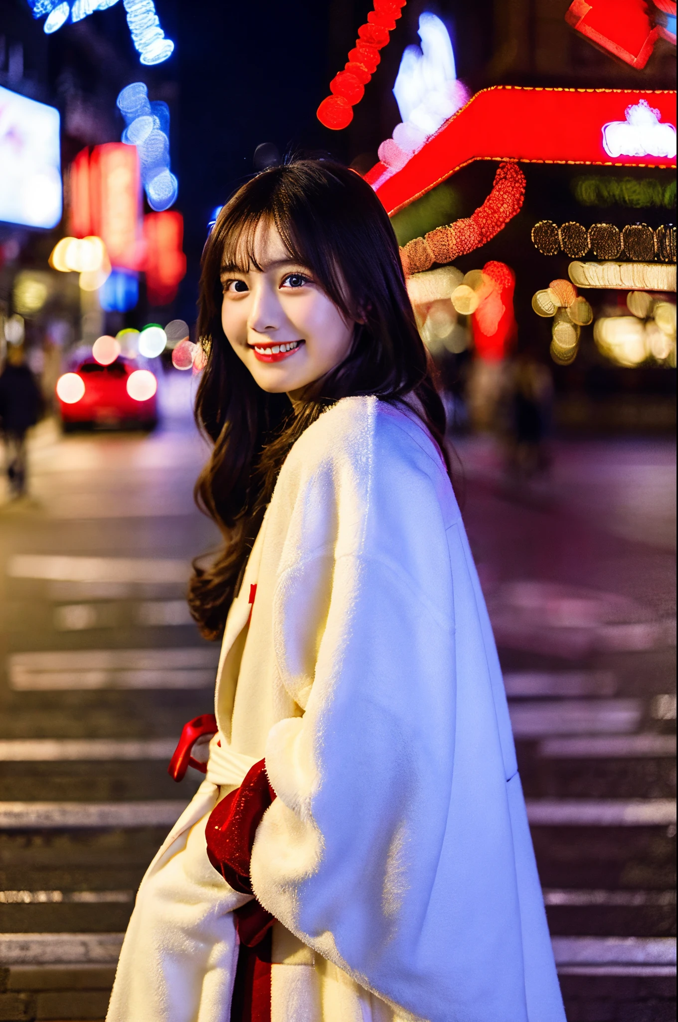 beautiful 20 year old chinese, wearing a white/red long coat standing in the distance in the street of Paris Eifel tower in the background, busy night life with a beautiful smile while enjoying the Christmas atmosphere, cafe, xmas lightings, cinematic lighting,, HDR, 8K, realistic