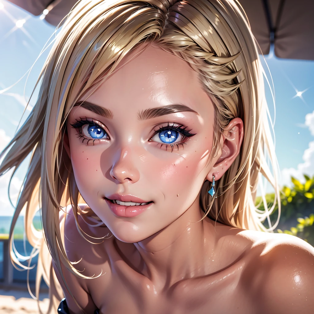 1girl, blonde hair, eyelashes, hair over one eye, blue eyes, big lips, ultra-detailed, high quality, highres, absurdres, best quality, best quality, large breasts, blurry background, evil smile, long hair, bright pupils, seductive smile, shiny skin, tall female, colored skin, pink lips, backlighting, outdoors, extremely detailed, original, glitter, shiny skin, shiny, full body, pink skirt, focus on armpit