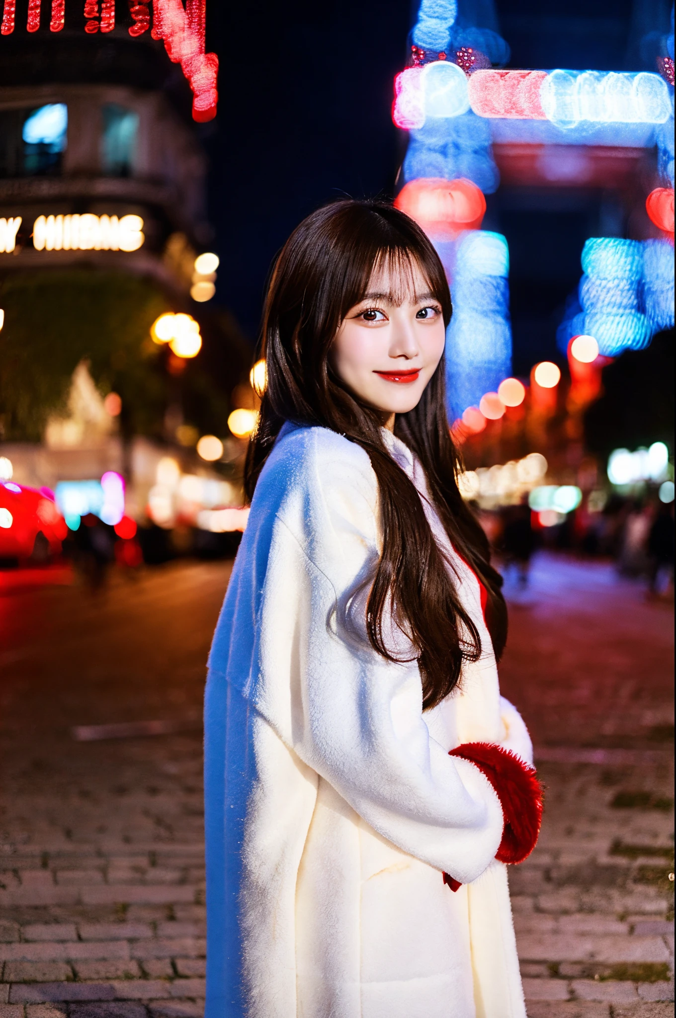 beautiful 20 year old chinese, wearing a white/red long coat standing in the distance in the street of Paris Eifel tower in the background, busy night life with a beautiful smile while enjoying the Christmas atmosphere, cafe, xmas lightings, cinematic lighting,, HDR, 8K, realistic