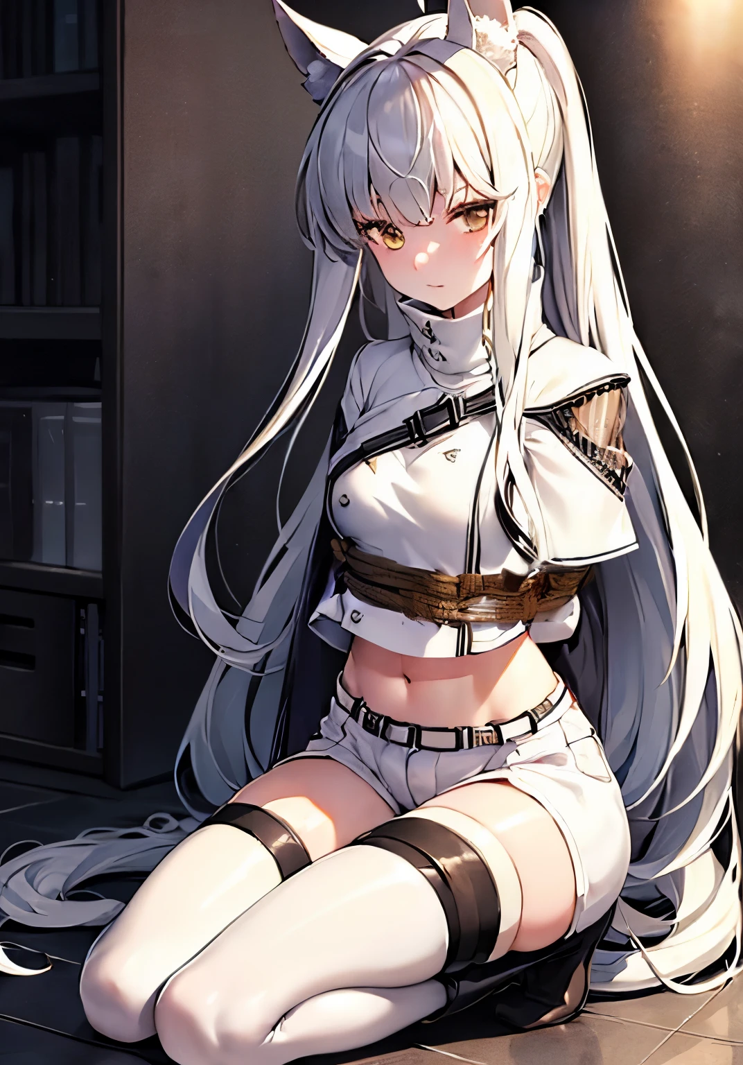 (((((hands tied behind))))), (((((arms behind back))))), (brown rope), Thighs together, ((Shibari)), (((((The rope is wrapped around the body many times))))), ((((Bondage)))), ((Rope Bondage)),