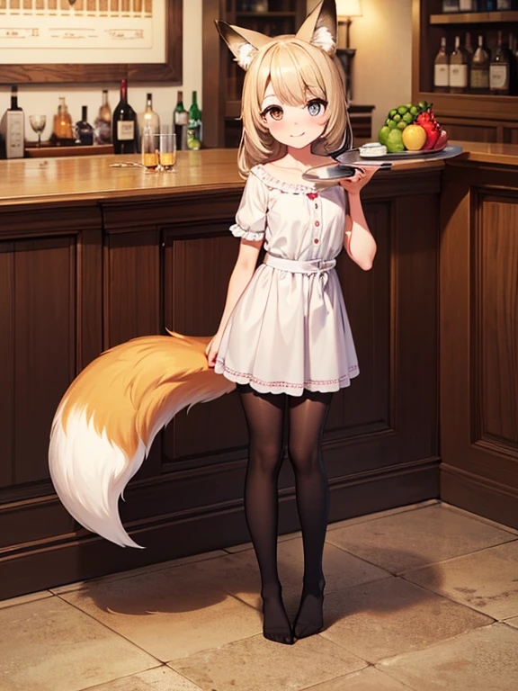 HDR, excellent quality, 1girl, (standingn:1.4) , Tray in hand, there is one bottle and fruit on the tray, (pantyhouse:1.3), (no shoes):1.2, petite curvy loli,one eye covered, Fox ears, Foxtail, One Tail, with a beautiful face, ssmile, bar