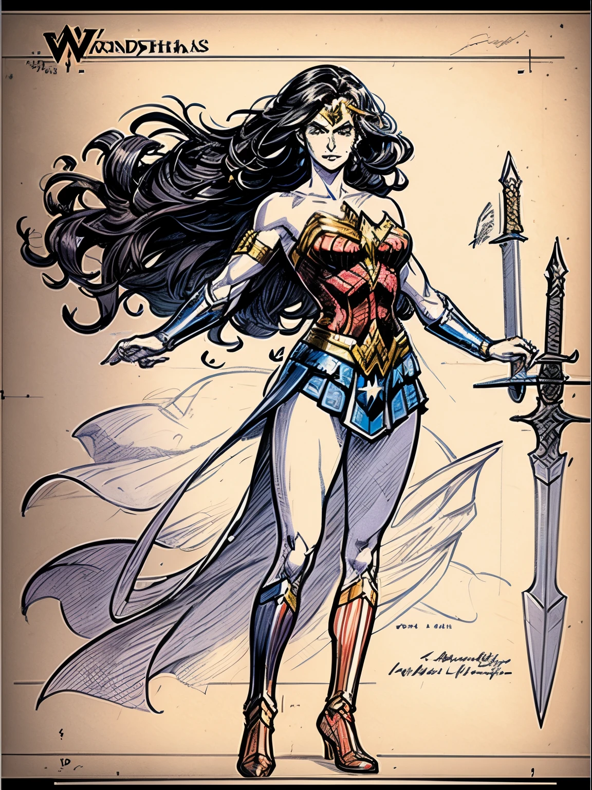 On old drawing of wonder woman showing a full body sketch of her and her weapons, colorless sketch on old paper, wonder woman, weapon skethes,