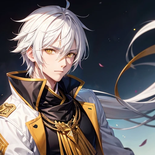 male character, medium-length, white hair, yellow eyes