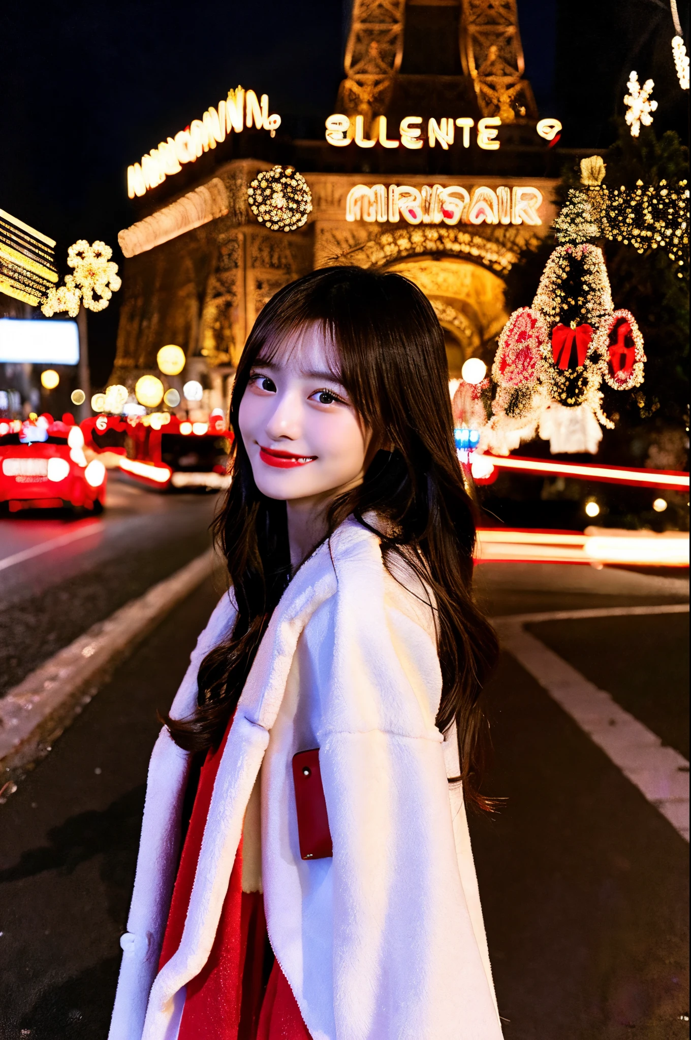 beautiful 20 year old chinese, wearing a white/red long coat standing in the distance in the street of Paris Eifel tower in the background, busy night life with a beautiful smile while enjoying the Christmas atmosphere, cafe, xmas lightings, cinematic lighting,, HDR, 8K, realistic