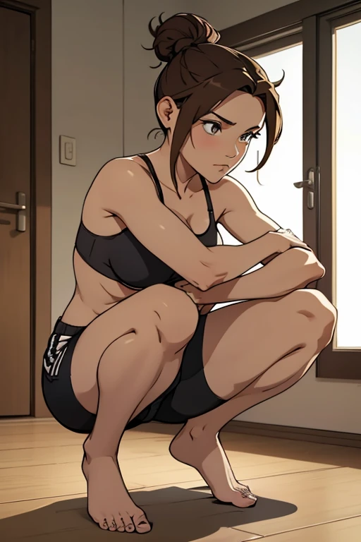 A beautiful nude woman squatting,with brown hair in a bun.