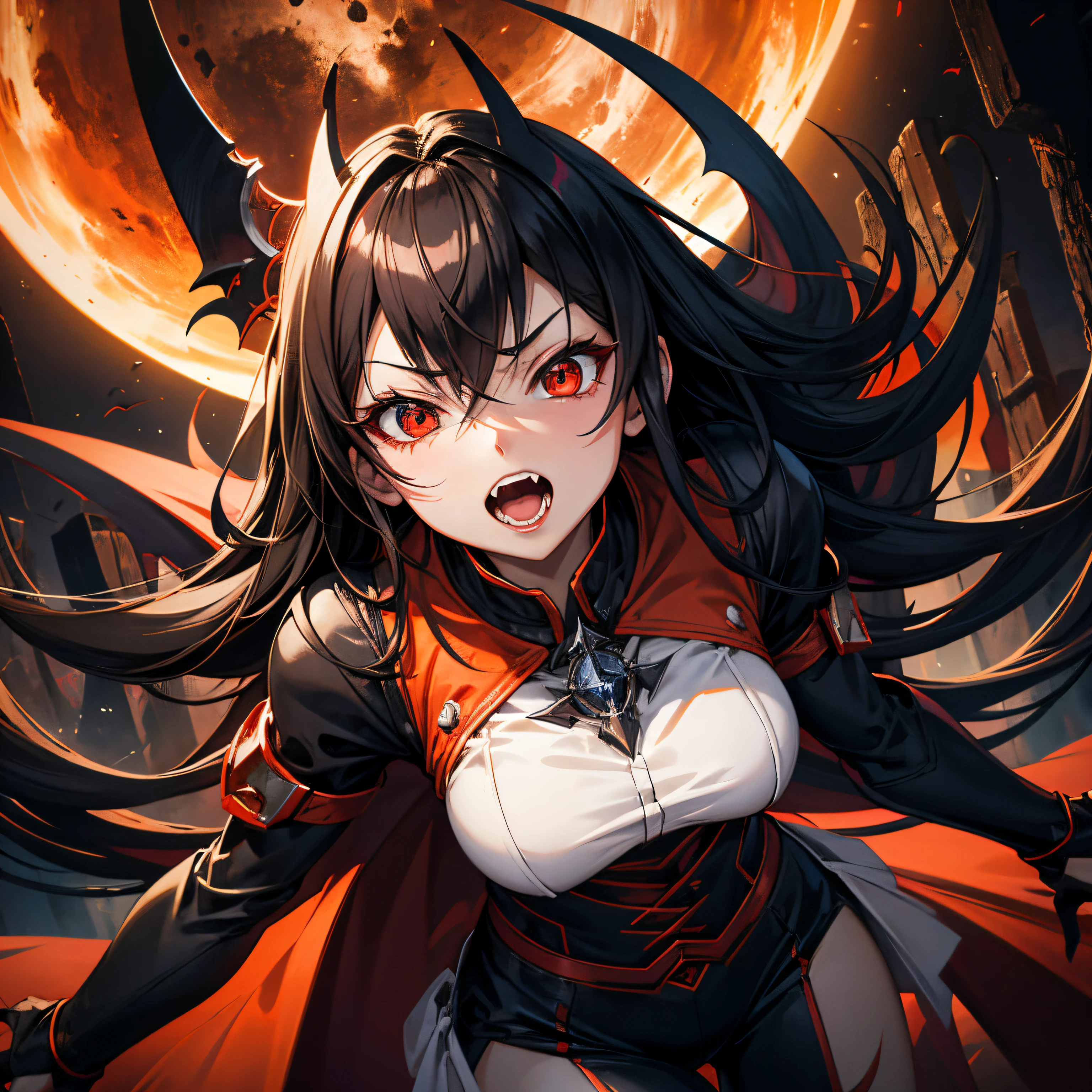 Beautiful, smiling, chewing teeth, sticking out tongue, single, 1 girl, long hair, black hair, red highlights, dark red eyes, small satanic horns. Tight black leather outfit, torn to reveal exposed G-string skin and lace. Show off the claws on your hands. Huge power swirled like a red lightning element on the weapon, black light, the background was like hell.