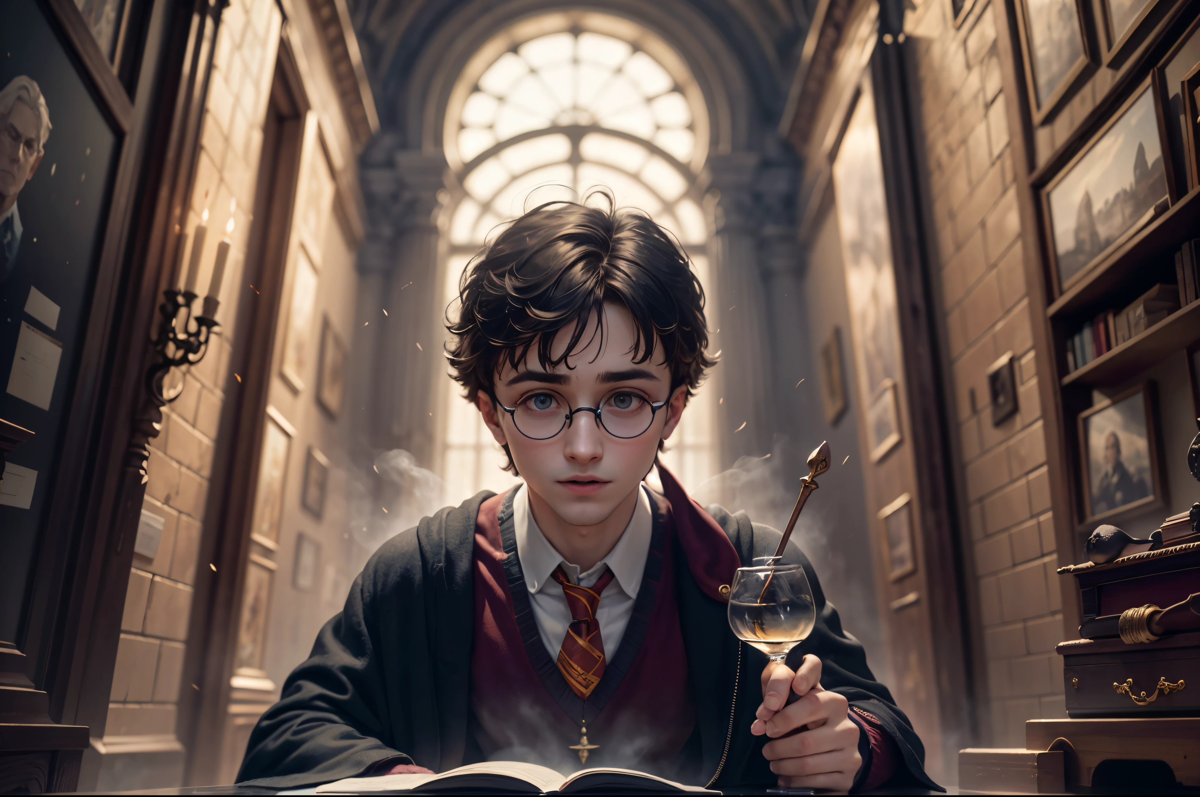 Portrait of Harry Potter in the highest quality, It combines iconic elements from the wizarding world with artistic flair. Ensure vibrant colors, komplizierte Details, und eine Komposition, die die Magie und das Wunder der Serie widerspiegelt. Erfassen Sie Harrys Essenz in einer dynamischen Pose oder Szene, They give the artwork a sense of adventure and mysticism. Consider integrating elements, die eine Hommage an das breitere Harry-Potter-Universum darstellen, making it a visually striking and captivating piece.