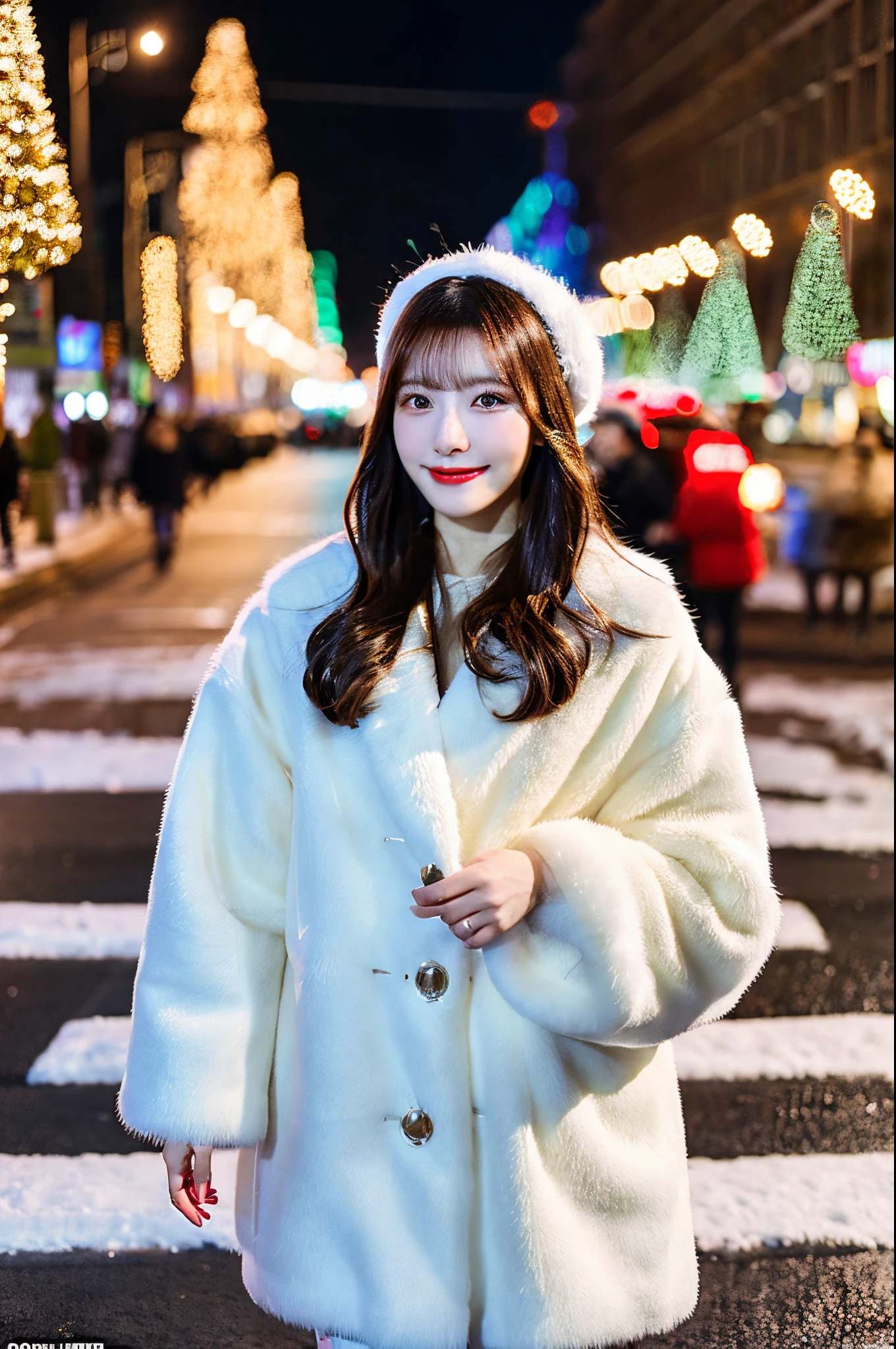 beautiful 20 year old chinese, wearing a white long fur coat standing in the distance in the street of Moscow Russia, full body shot, the busy night life with a beautiful smile while enjoying the Christmas atmosphere, cafe, xmas lightings, cinematic lighting,, HDR, 8K, realistic