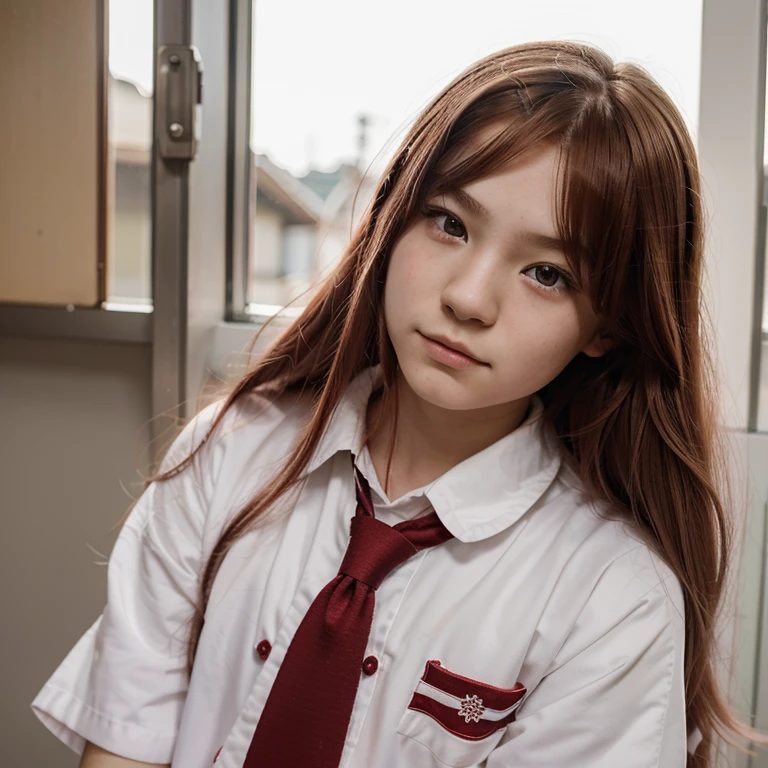 An 18 year old boy with ruby hair and a school uniform of a Japanese girl who is albino and has long hair and brown eyes