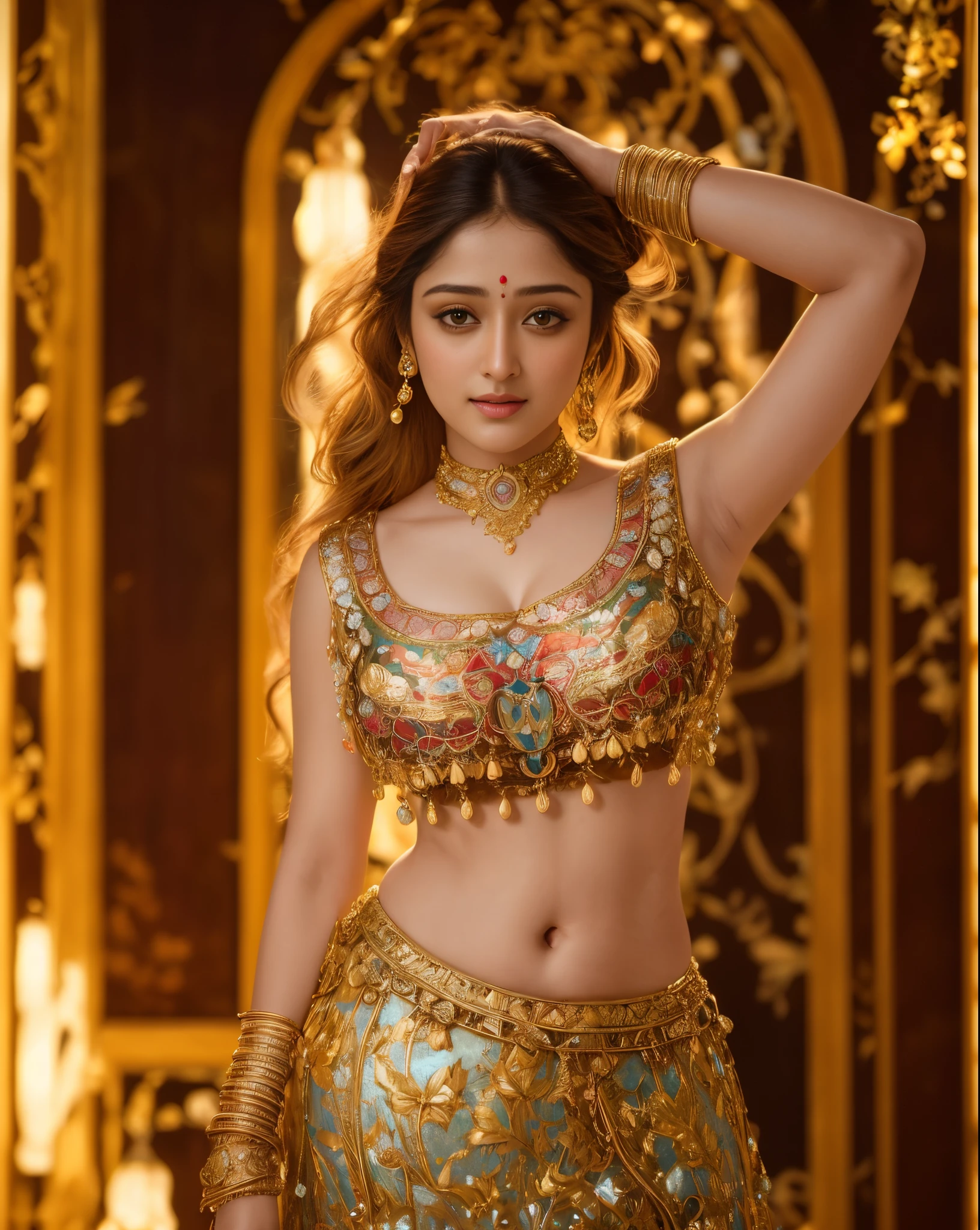 Face mix of Anushka Shetty and Nayanthara, a masterpiece ultrarealistic ultradetailed portrait of a beautiful girl in incredible goledn armor. baroque renaissance. in forest. medium shot, intricate, elegant, highly detailed. trending on artstation, digital art, by stanley artgerm lau, wlop, rossdraws, james jean, andrei riabovitchev, marc simonetti, yoshitaka amano. background by james jean and gustav klimt, light by julie bell, 4 k, porcelain skin.