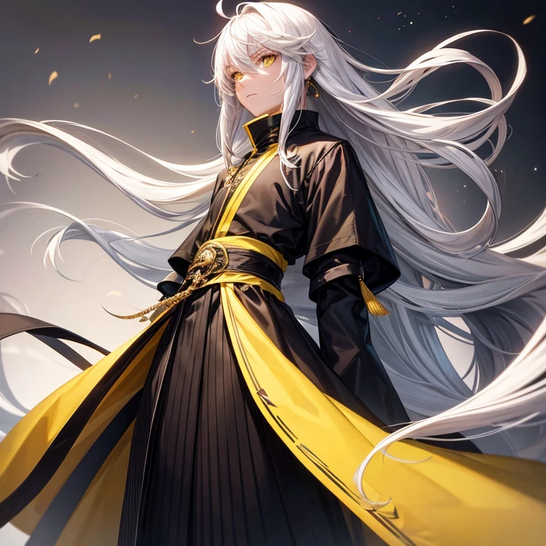 looking straight ahead, facing, male character, medium-length, white hair, yellow eyes, black clothes