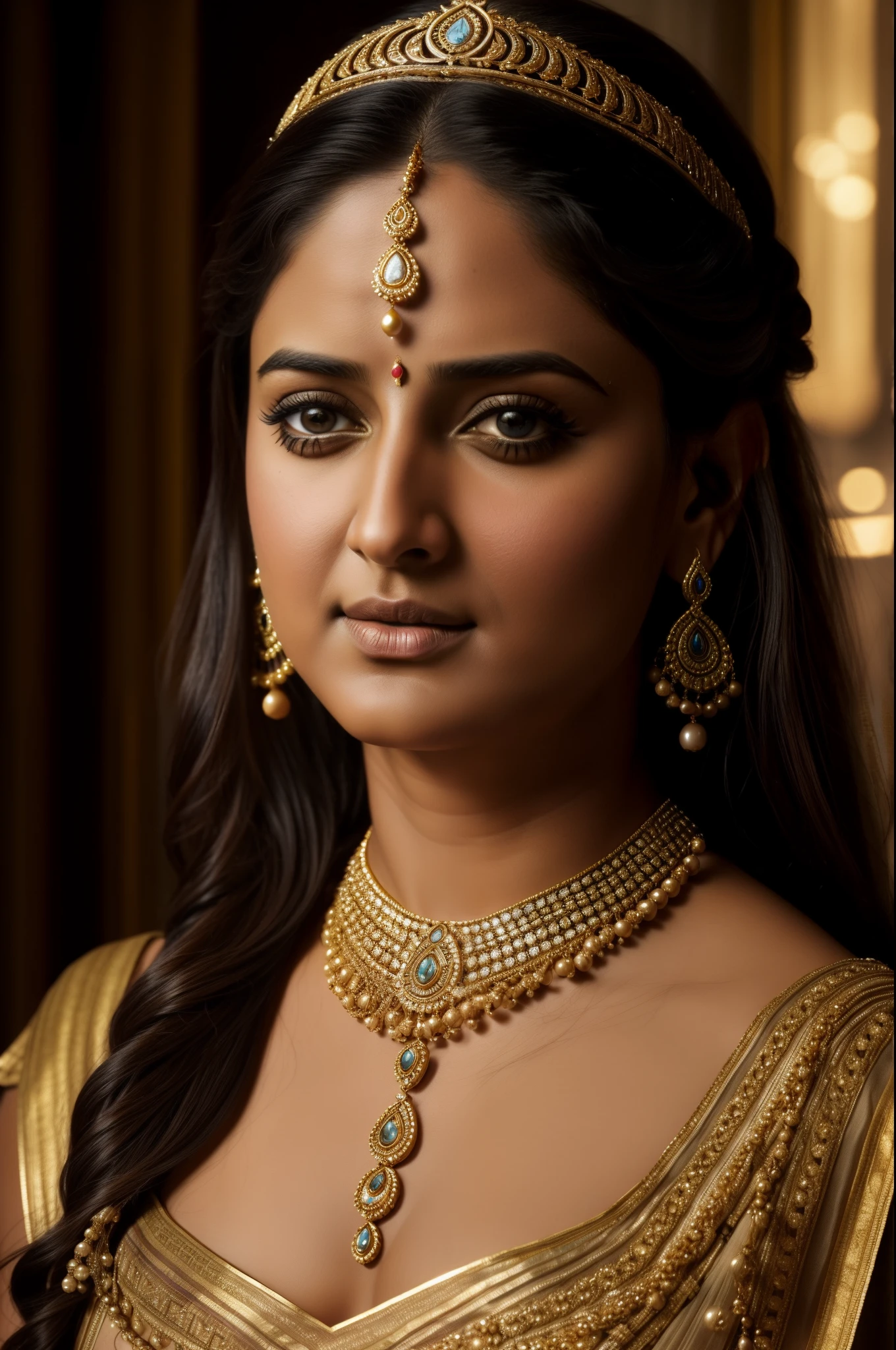 Looks like Anushka Shetty, (piece of master), (best quality), cinemactic, photorealism, rendered, Realistic, ultra detailed, perfect face, portrait frame, chest up, Greek princess, 30 year old woman, ancient princess, brown eyes, detailed dress, necklaces , accessories, earrings, a beautiful ancient princess, dark hair, front, beautiful