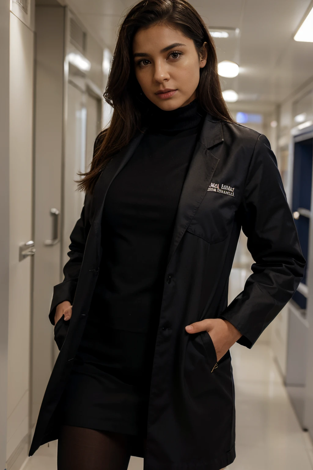 extremely high quality, realismo, female doctor, black medical coat