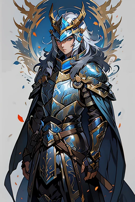 (best quality, ultra-detailed), anime art, blue plate armor, helmet adorned with three rows of small horn-shaped protrusions, golden inlays on the edges